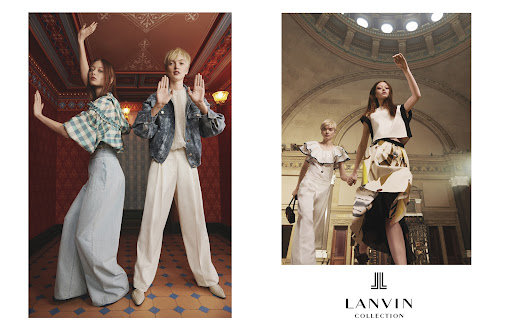 Two fashion models pose indoors wearing designer tops and light-colored pants. A second image shows two models on a fashion runway.