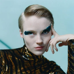 Close-up portrait of a model with short blonde hair, bold dark eye makeup, and a metallic sequined top against a pale blue background.
