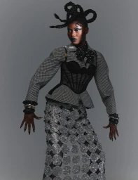 Model with avant-garde braided hairstyle wearing houndstooth jacket and sheer disc skirt styled by Daniel Edley