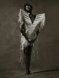 Model in avant-garde fringe dress with dramatic white eye makeup against a textured dark background