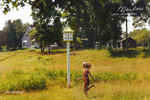 Woman in a short red dress runs barefoot through a sunlit field of tall grass toward a birdhouse, with houses and trees in the background.