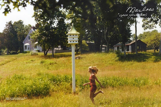 Woman in a short red dress runs barefoot through a sunlit field of tall grass toward a birdhouse, with houses and trees in the background.