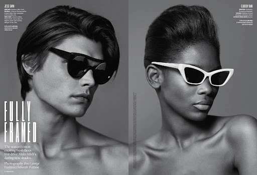 Black and white portrait of two models wearing distinctive sunglasses styled by Deborah Watson