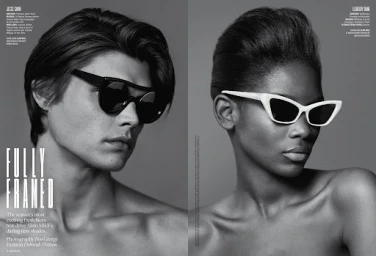 Black and white portrait of two models wearing distinctive sunglasses styled by Deborah Watson