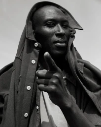 Black man wearing a hooded button-up shirt pointing forward in a monochrome portrait