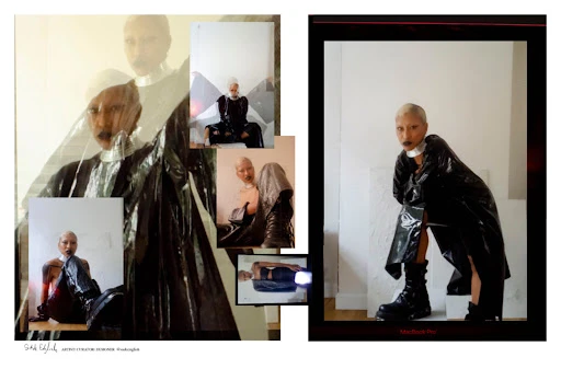 Fashion editorial collage featuring a bald adult female in a shiny black coat against a white backdrop, with overlayed portraits.