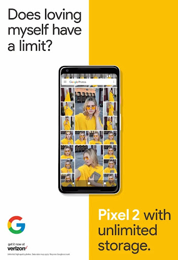 Google Pixel 2 ad showcasing images of an adult female in yellow clothing and sunglasses, set against a yellow and white backdrop.