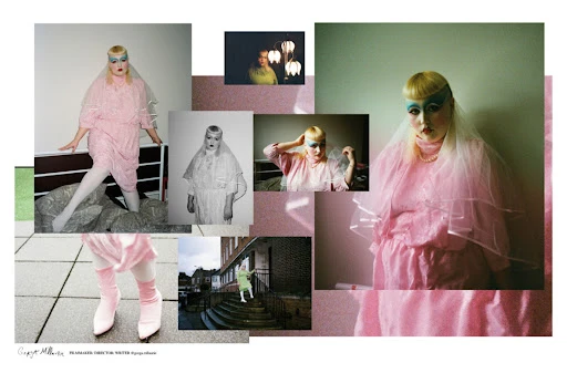 Collage of fashion photography featuring a blonde model in a pink dress and veil styled by Gena Tuso