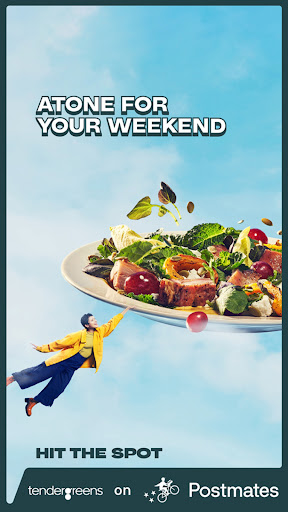 An illustration of a person reaching for a salad against a light blue sky with text promoting healthy eating and food delivery services.