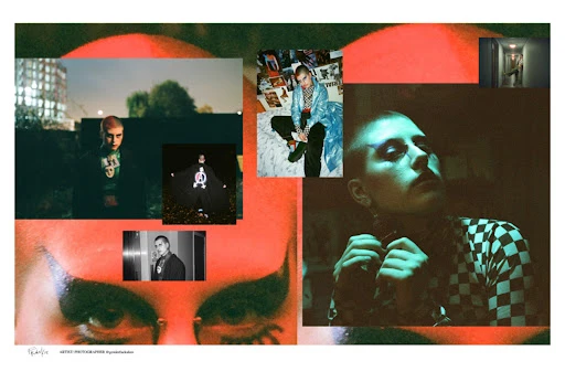 Collage of fashion photographs featuring a person with shaved hair and dramatic makeup styled by Gena Tuso