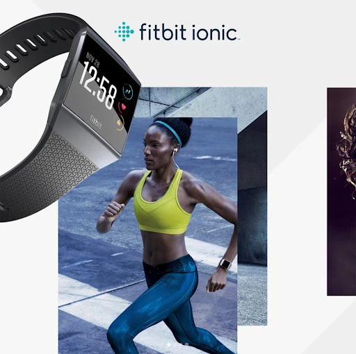 Fitness promotional image of a Black female athlete running with a fitness tracker watch and earbuds, outdoors in the city.