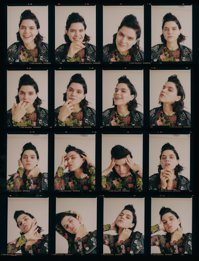 Multiple film photographs of a brunette woman with varied poses, captured in a photo booth style, set against a dark background.