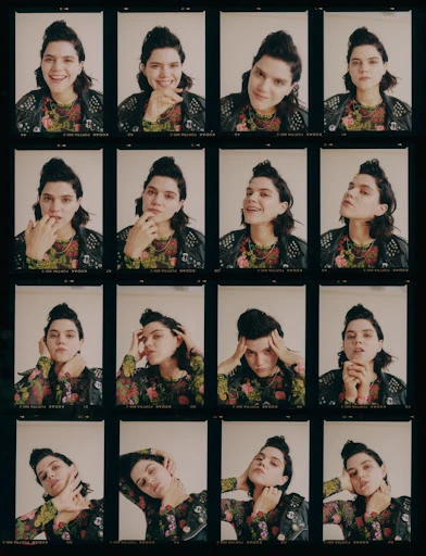 Multiple film photographs of a brunette woman with varied poses, captured in a photo booth style, set against a dark background.