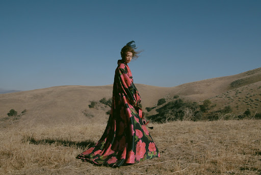 Woman in a floral gown standing in a grassy field with rolling hills and blue sky, fashion editorial photography, outdoor setting.