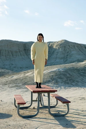 An adult female stands on a red picnic table outdoors in a long yellow dress with a muted mountain landscape and light blue sky background.