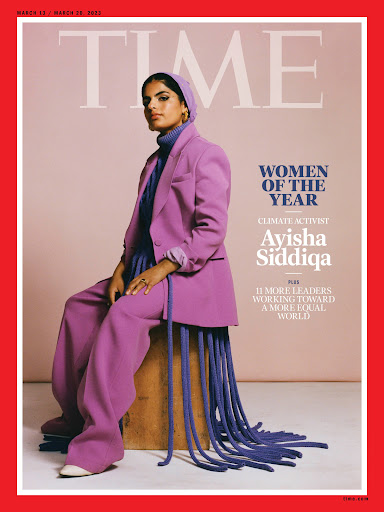 Time magazine cover featuring Ayisha Siddiqa, Climate Activist, seated in a purple suit with long blue tassels hanging from the pants.