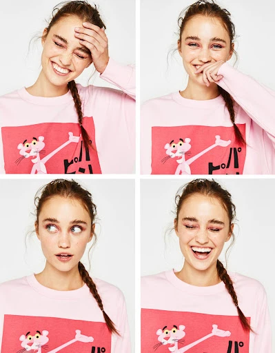 Four-panel studio shot of a young adult woman in a pink long-sleeved shirt with a Pink Panther graphic, smiling and posing.