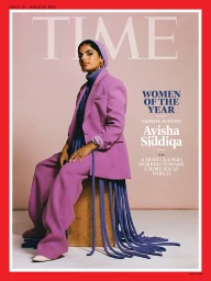 Time magazine cover featuring climate activist Ayisha Siddiqa styled in a purple suit and matching head covering