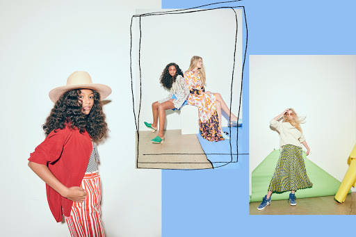 Three fashionably dressed young women strike poses in a collage-style studio shot. The scene features vibrant colors and playful patterns.