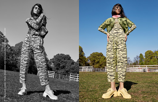 Two fashion shots showcase a woman in patterned outfits against a rural backdrop with grass, trees, and a white fence under a blue sky.