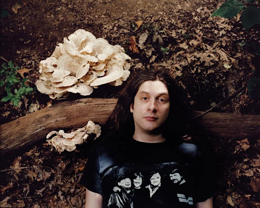 Adult male with long hair lies in a forest with a large cluster of hen of the woods mushrooms on a fallen log, relaxed pose.