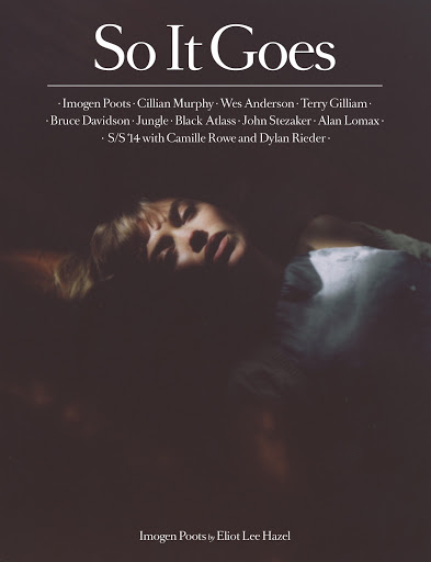 Magazine cover featuring a portrait of Imogen Poots in dark lighting. The magazine cover is for 'So It Goes' and includes other celebrity names.