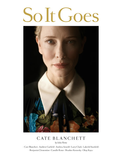 Magazine cover featuring Cate Blanchett wearing a floral top with a white collar against a dark background in a portrait orientation.