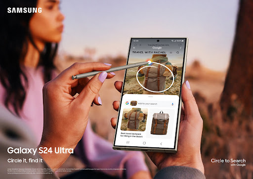 Samsung Galaxy S24 Ultra product shot, featuring a model using Google's Circle to Search feature on the phone with a stylus.