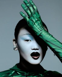 Model wearing green printed long gloves with hand painted skeleton bone detail against a grey backdrop styled by Mari Siviakova