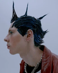 Profile portrait of a person with styled spiky blue hair, wearing a red leather jacket and silver chain necklace.