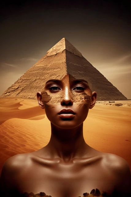 Striking AI composite: bald woman with geometric designs, merging with pyramids in a desert landscape under a muted sky.