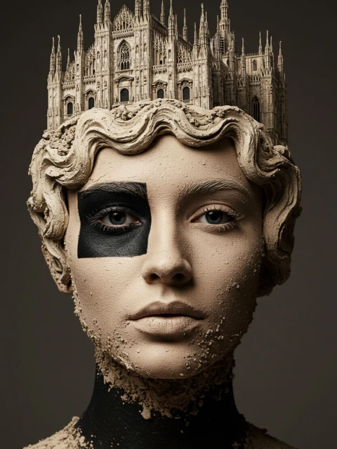 Conceptual art portrait of a woman with makeup and a cathedral atop her head against a neutral gray background in a studio setting.