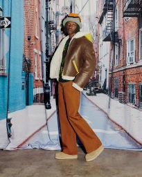 Man wearing a brown shearling jacket and patterned bucket hat standing before a printed street backdrop.