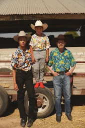 Three male models in cowboy hats and patterned short sleeve shirts posing outdoors next to a farm trailer.