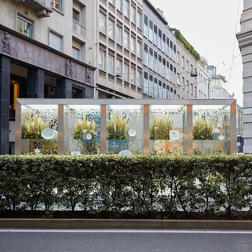Outdoor shot of a storefront window display featuring various pottery pieces and plant arrangements, set against a cityscape backdrop.