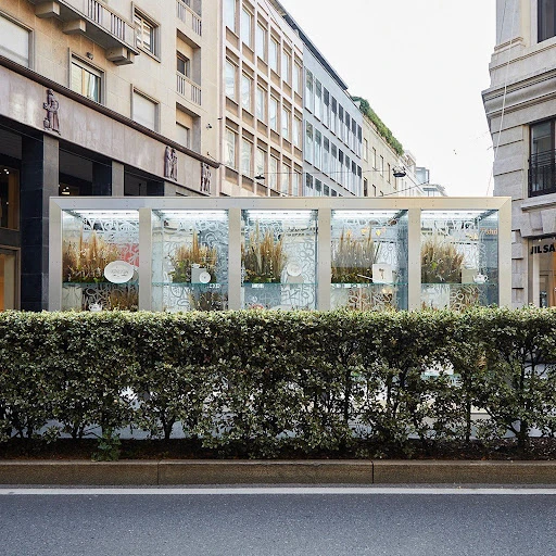 Urban retail storefront display with floral arrangements behind glass panels, framed by modern architecture in an Italian city street.
