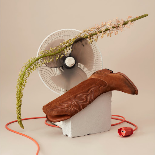 Still life shot of a brown cowboy boot propped on a concrete block beside a fan and a flowering plant in front of a beige backdrop.