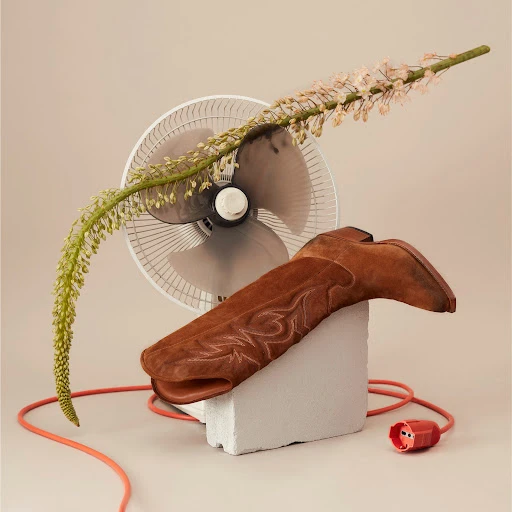 Still life shot of a brown cowboy boot propped on a concrete block beside a fan and a flowering plant in front of a beige backdrop.