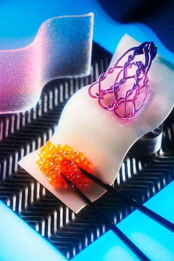 Artistic still life: orange caviar on a white surface with metal accents, illuminated by neon blue and pink lighting, creating a surreal scene.