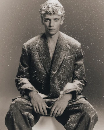 Monochrome portrait of a fair-skinned adult male model in a double-breasted suit covered in white specks, seated on a white surface.