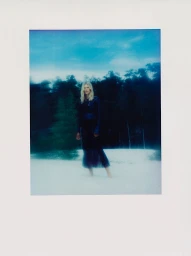 A blonde model wearing a dark long-sleeved dress stands outdoors against a dark treeline and hazy ground.