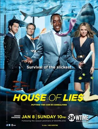 Four businesspeople stand in front of a window with sharks. The group is promoting the TV show "House of Lies" on Showtime.
