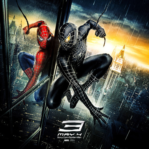 Movie poster featuring two Spider-Man figures, one in classic red and blue and the other in black, set against a city background.
