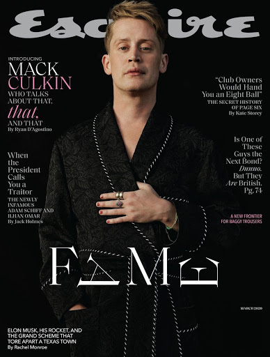 Esquire magazine cover featuring Macaulay Culkin in a patterned robe against a dark backdrop with bold typography, promoting an article about 'Fame'.