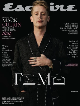 Esquire magazine cover featuring Macaulay Culkin in a patterned robe against a dark backdrop with bold typography, promoting an article about 'Fame'.