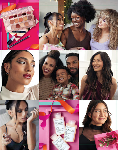 Collage of beauty and haircare products with diverse people smiling and holding gifts, cosmetics, and Olaplex hair products.