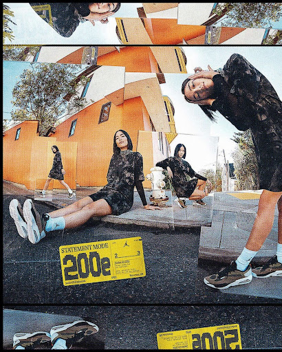 Collage effect image of an Asian female in a dark patterned dress and sneakers on an urban street near an orange building.