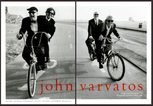 Two men in suits ride bicycles on a paved path with a beach and ocean in the background, divided into two images for an ad.