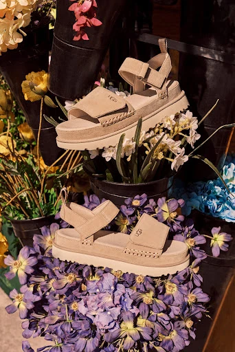 Two UGG sandals displayed on a bed of purple and white flowers with flower pots visible in the background, soft, diffused lighting.