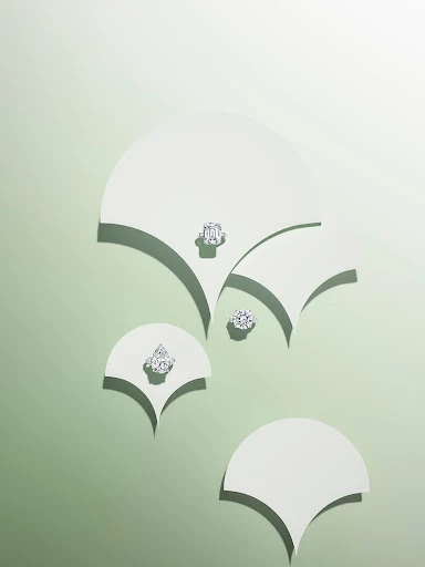 High angle shot of four diamond rings on different sized white paper shapes with curved edges against a gradient green background.